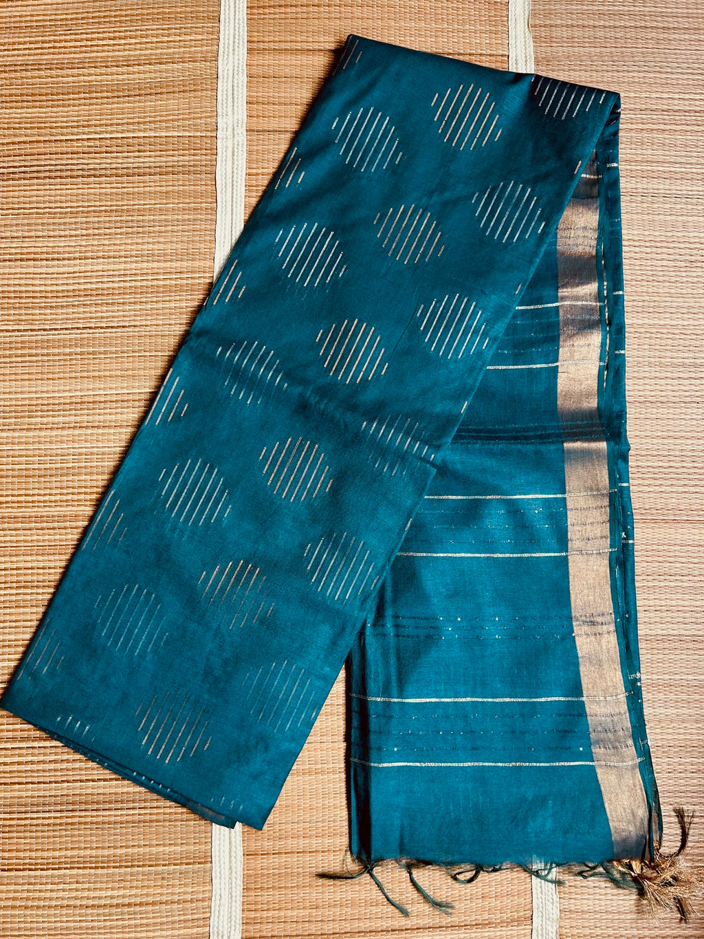 Teal Blue Eri Tussar Handloom Saree with Gold & Silver Zari Weave