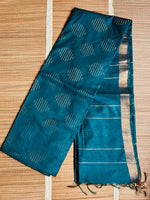 Load image into Gallery viewer, Teal Blue Eri Tussar Handloom Saree with Gold &amp; Silver Zari Weave
