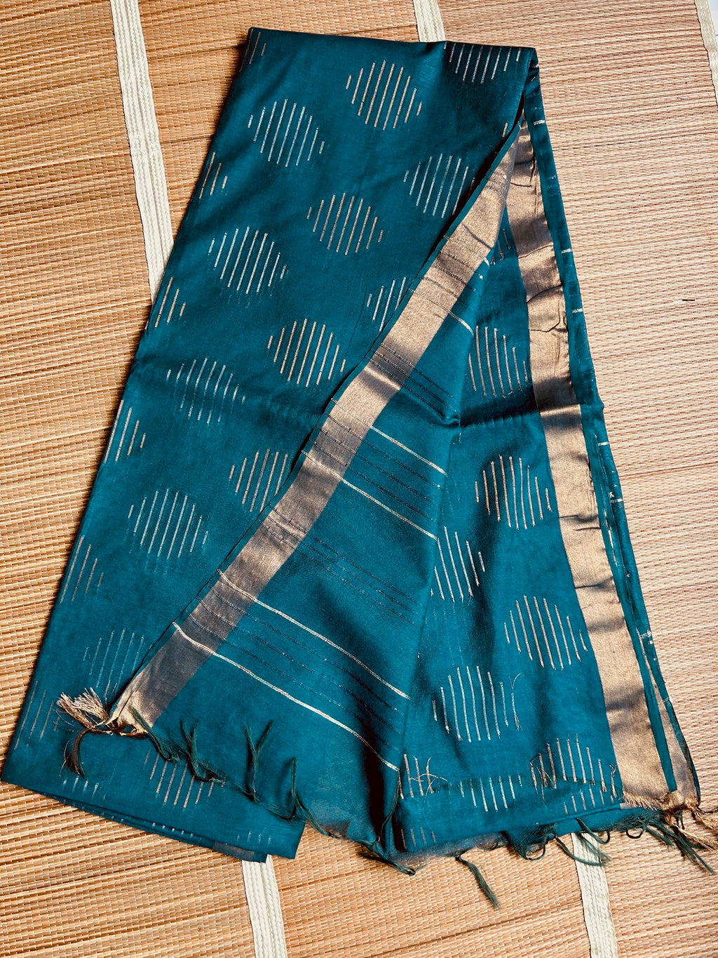 Teal Blue Eri Tussar Handloom Saree with Gold & Silver Zari Weave