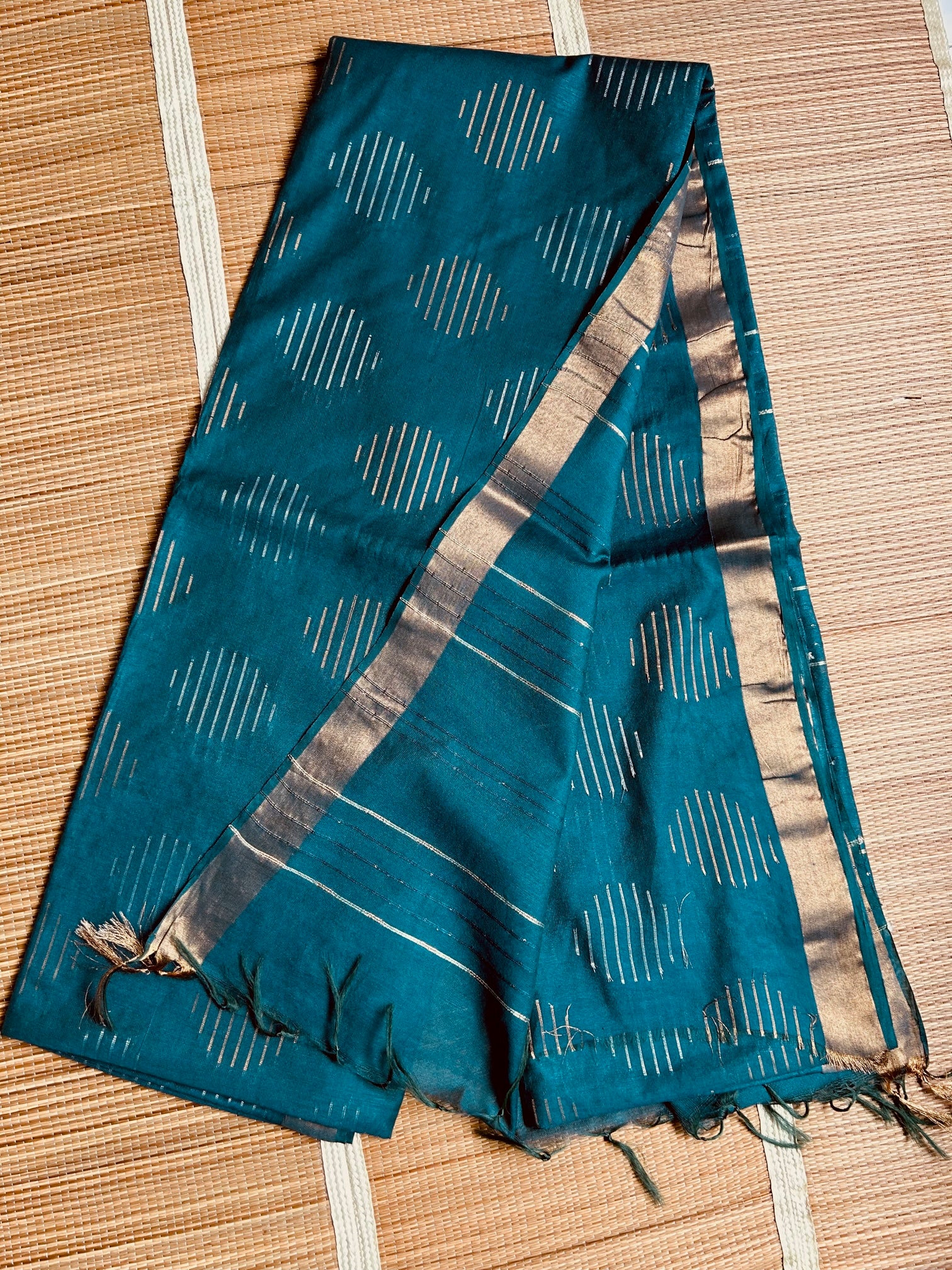 Teal Blue Eri Tussar Handloom Saree with Gold & Silver Zari Weave