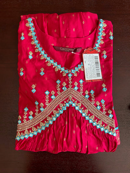 Magenta & Blue Embroidered Rayon Kurti Palazzo Dupatta Set