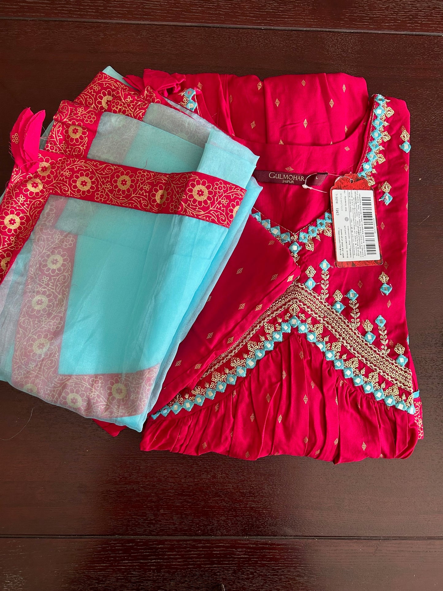 Magenta & Blue Embroidered Rayon Kurti Palazzo Dupatta Set