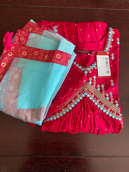 Magenta & Blue Embroidered Rayon Kurti Palazzo Dupatta Set