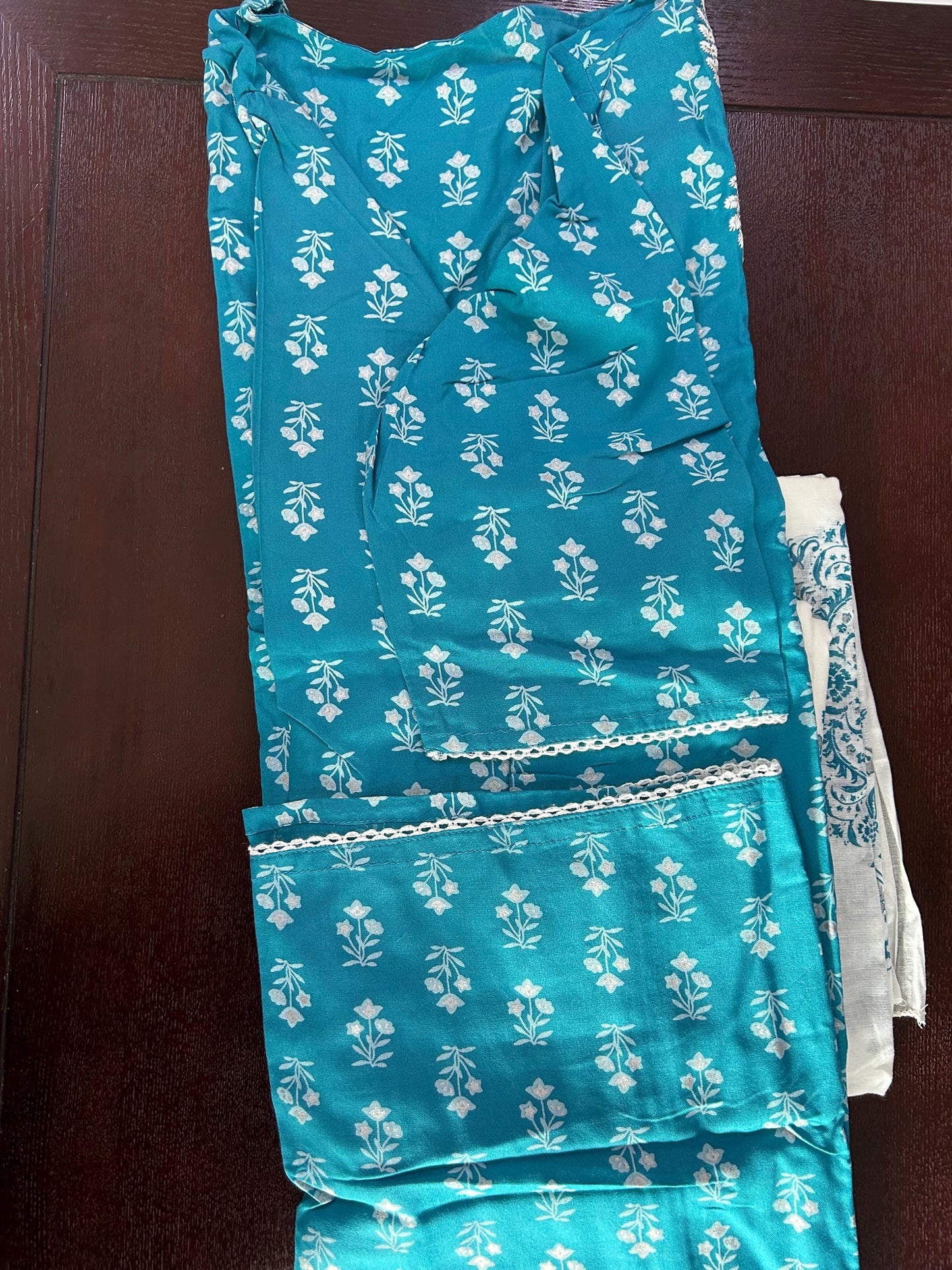 Turquoise & White Printed Rayon Kurti Palazzo Dupatta Set