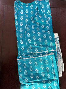 Turquoise & White Printed Rayon Kurti Palazzo Dupatta Set