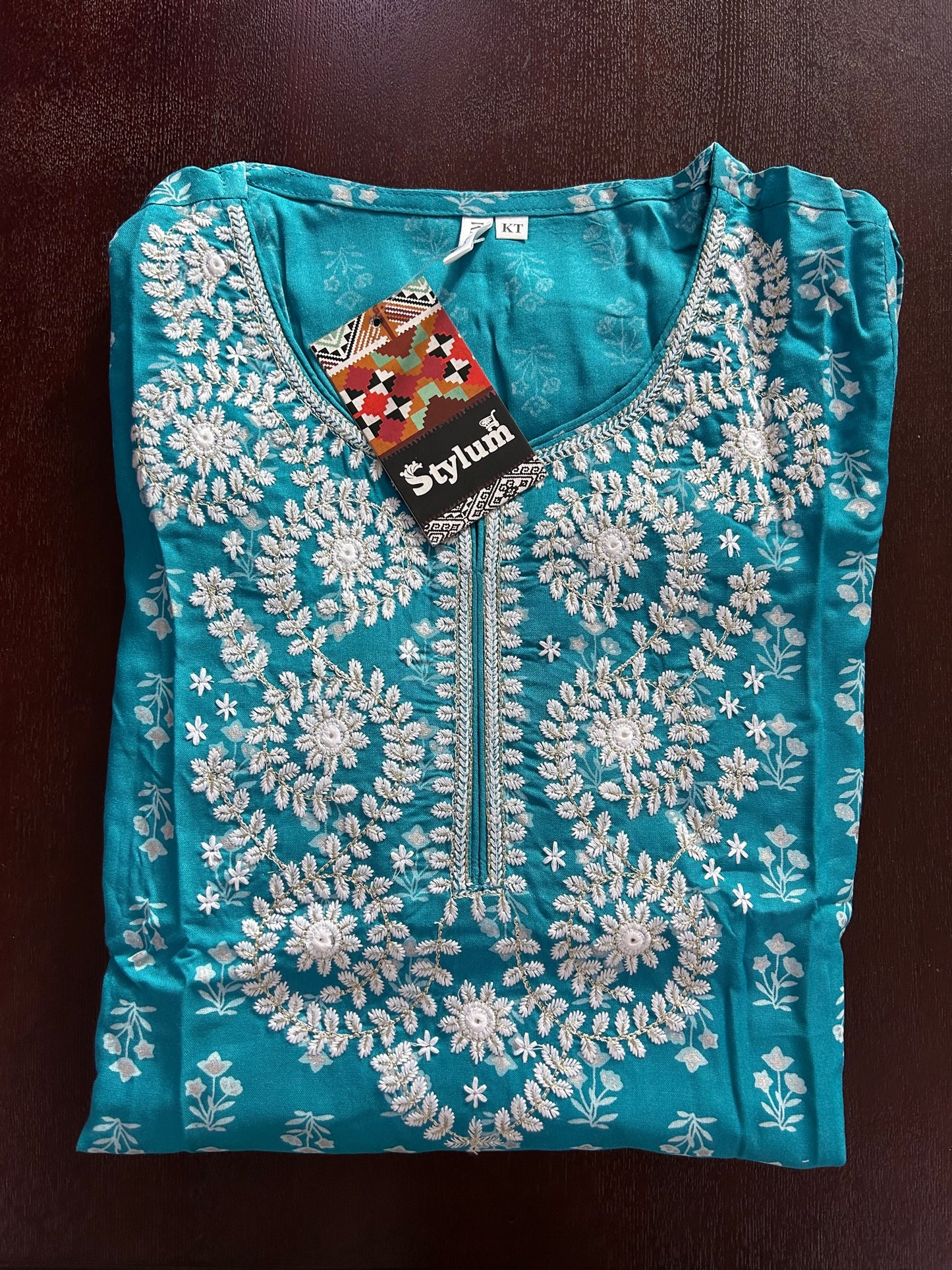 Turquoise & White Printed Rayon Kurti Palazzo Dupatta Set