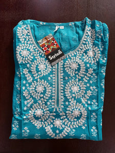 Turquoise & White Printed Rayon Kurti Palazzo Dupatta Set