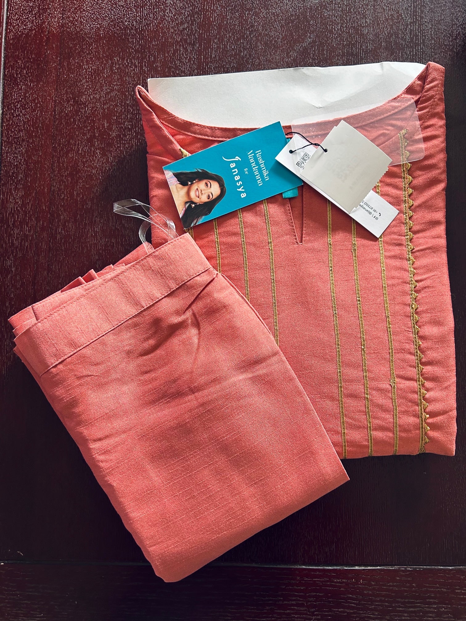 Peach Poly silk Kurta with Pants Set