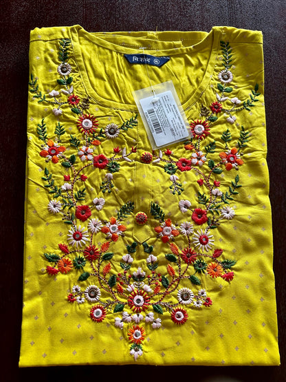 Mustard Yellow Yoke embroidered Rayon short kurti Top