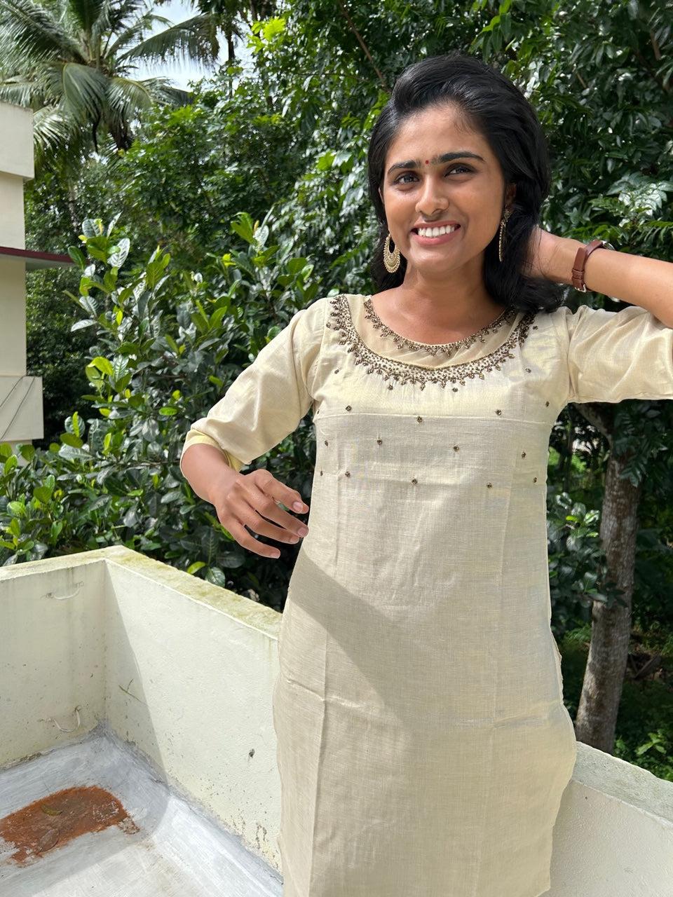Kerala Tissue Cotton Kurti Top with golden Beads Zari Border(Top Only)