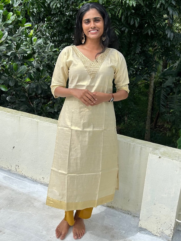 Kerala Tissue Cotton Kurti Top with Sugar beads embroidery & Zari Border(Top Only)