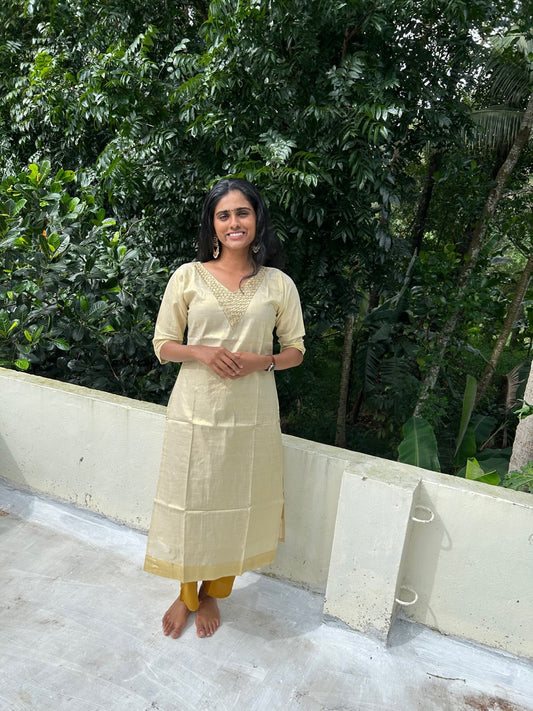 Kerala Tissue Cotton Kurti Top with Sugar beads embroidery & Zari Border(Top Only)