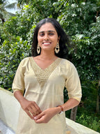 Kerala Tissue Cotton Kurti Top with Sugar beads embroidery & Zari Border(Top Only)