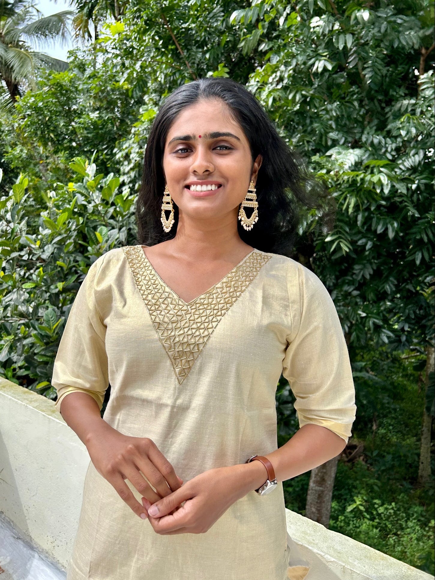 Kerala Tissue Cotton Kurti Top with Sugar beads embroidery & Zari Border(Top Only)