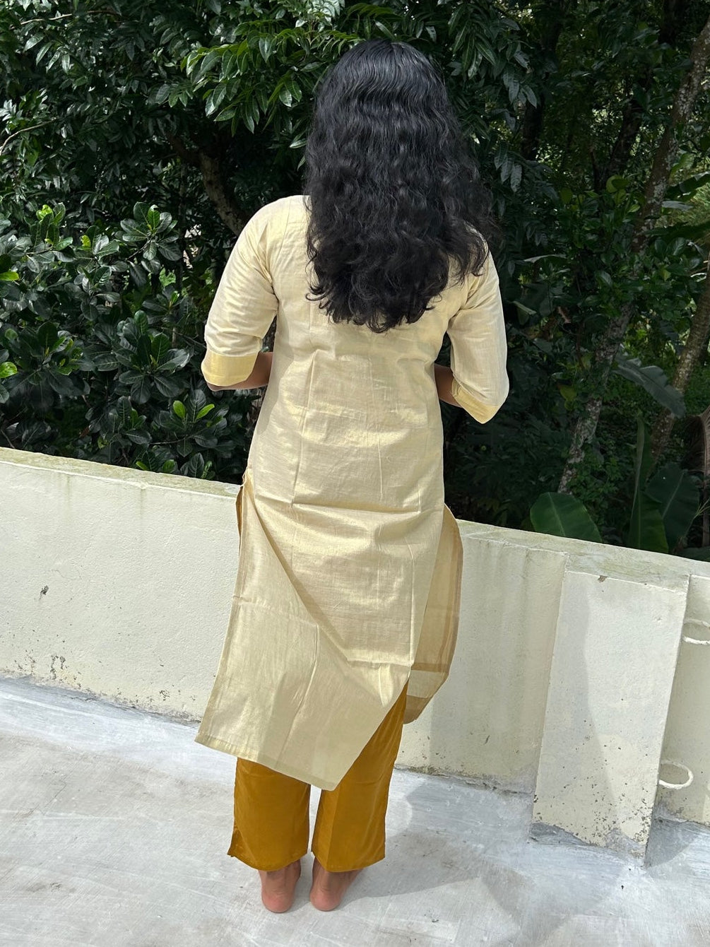 Kerala Tissue Cotton Kurti Top with Sugar beads embroidery & Zari Border(Top Only)