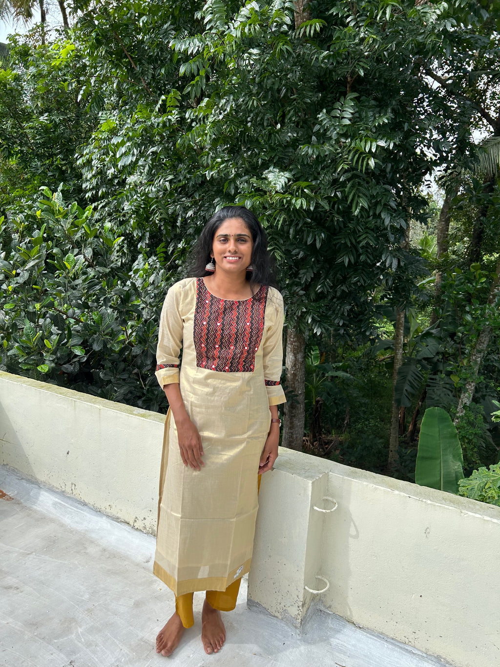 Kerala Cotton Kurti Top with embroidery work & Zari Border(Top Only)