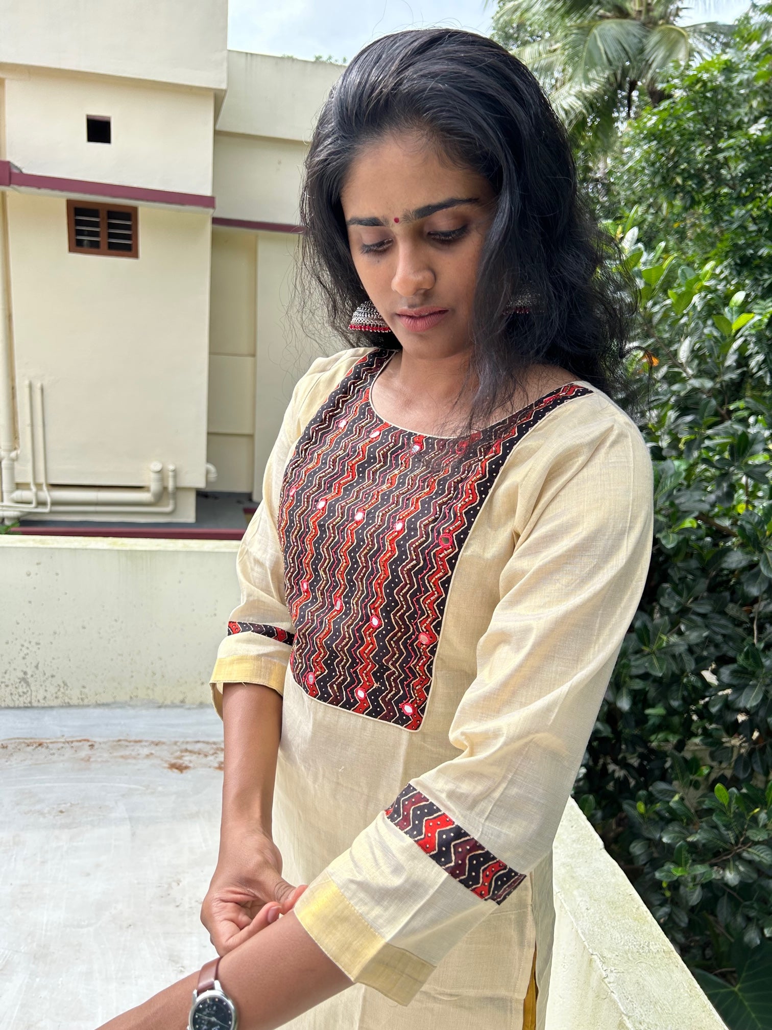 Kerala Cotton Kurti Top with embroidery work & Zari Border(Top Only)