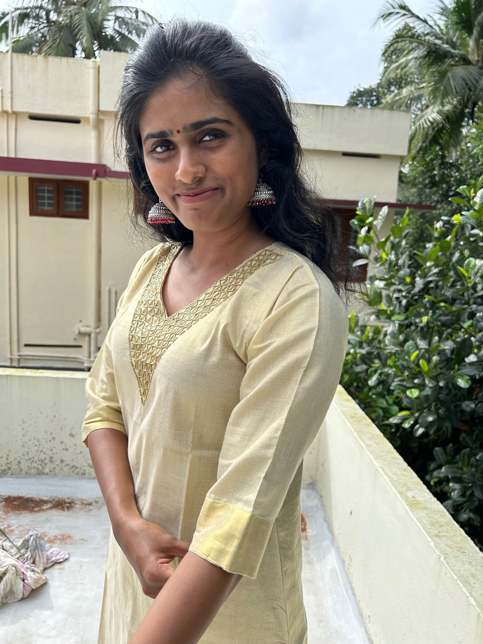 Kerala Tissue Cotton Kurti Top with Sugar beads embroidery & Zari Border(Top Only)