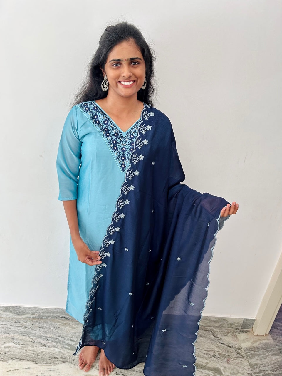 Light Blue Dola Silk  Kurta Palazzo Set With Dupatta