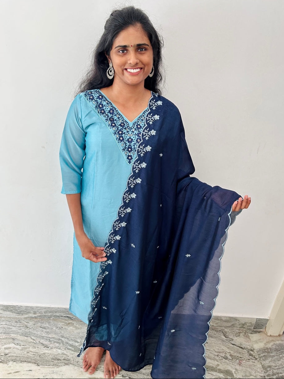 *CLEARANCE* Light Blue Dola Silk  Kurta Palazzo Set With Dupatta