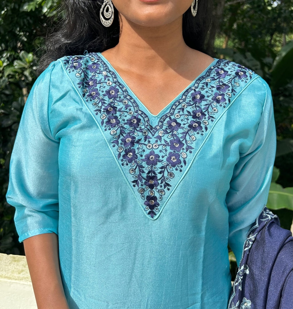 *CLEARANCE* Light Blue Dola Silk  Kurta Palazzo Set With Dupatta