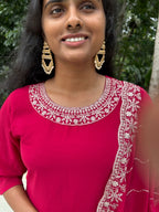 Rani Pink embroidered Georgette Kurti Palazzo with Dupatta
