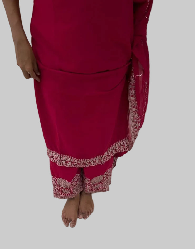 Rani Pink embroidered Georgette Kurti Palazzo with Dupatta