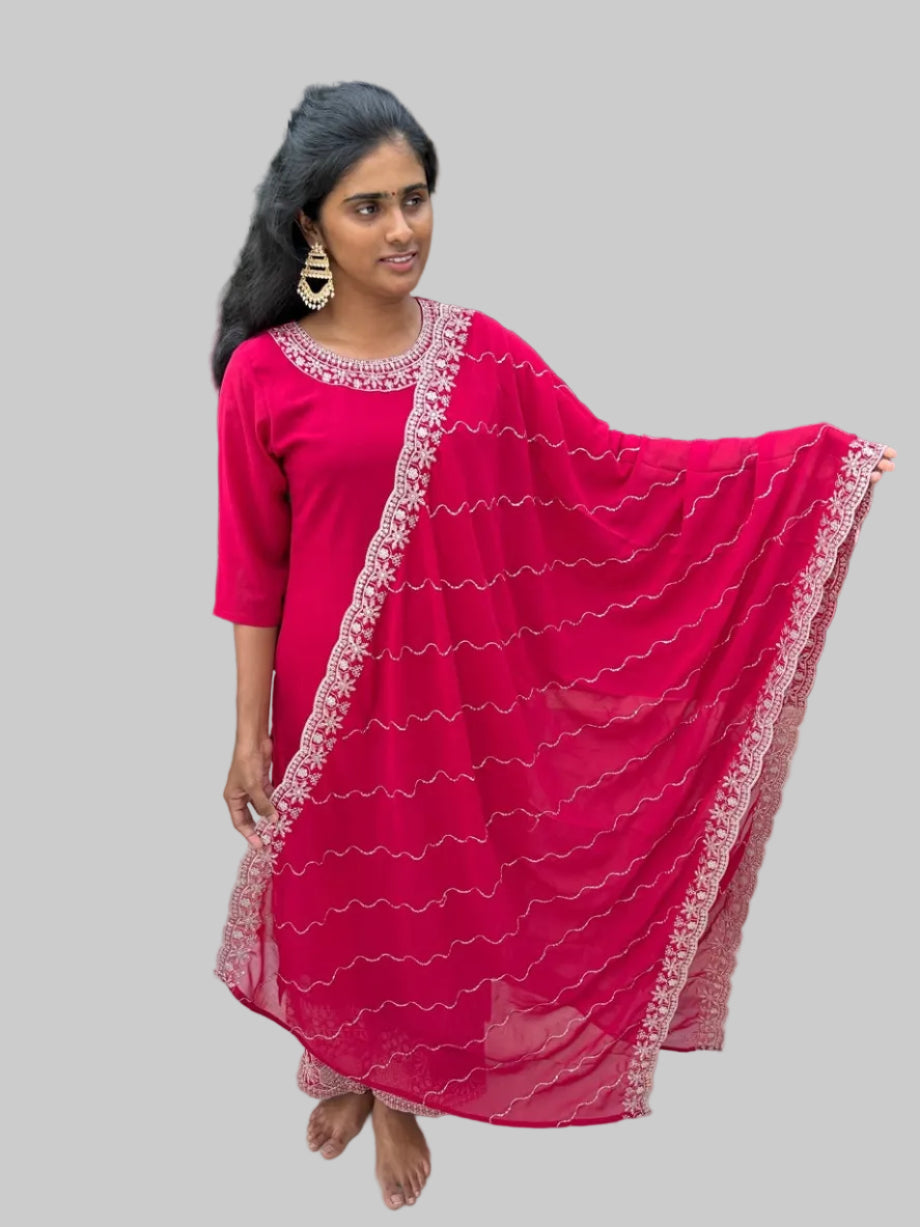 Rani Pink embroidered Georgette Kurti Palazzo with Dupatta