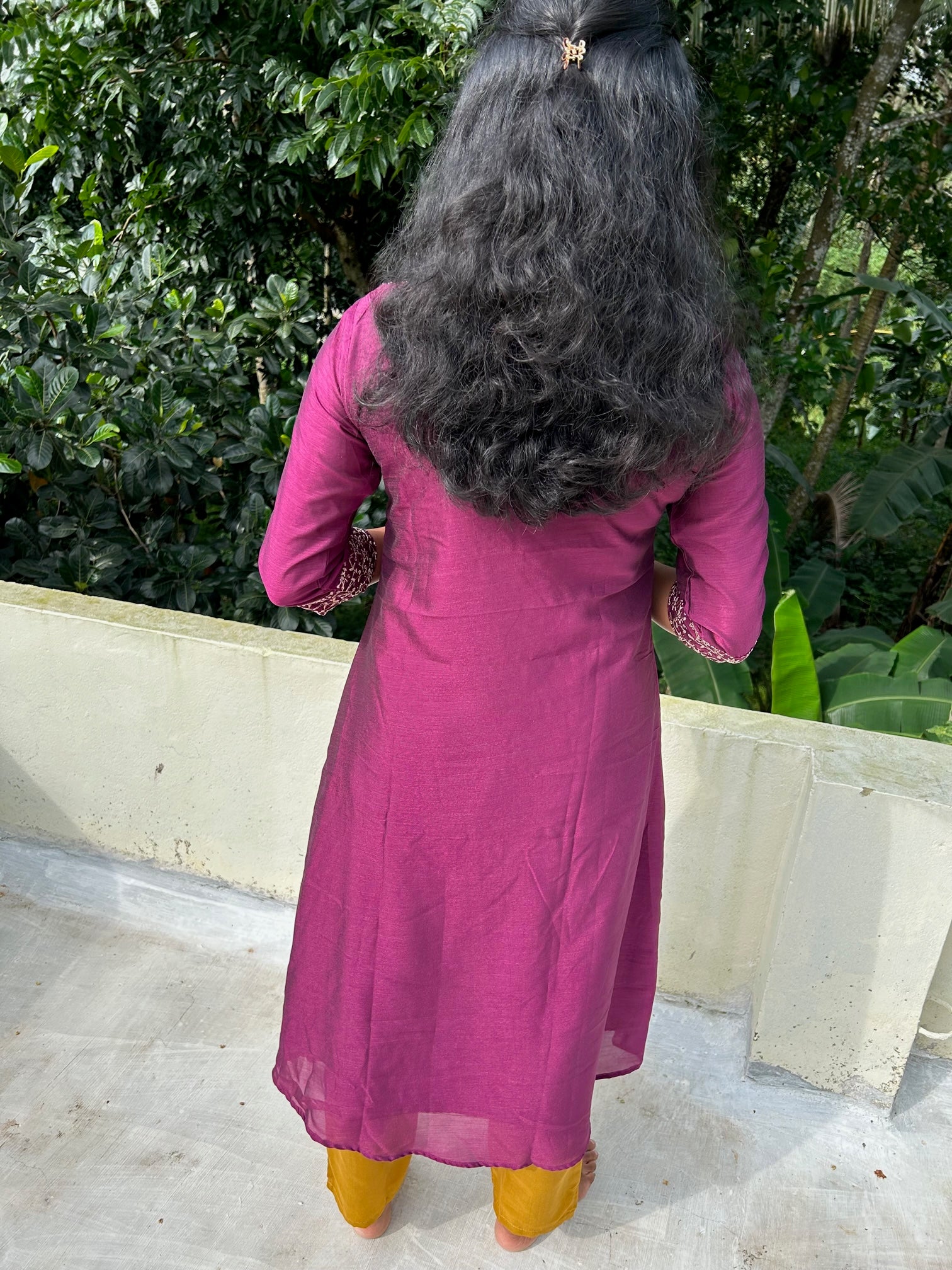 Wine embroidered Vichitra silk A-line kurti top(top only)