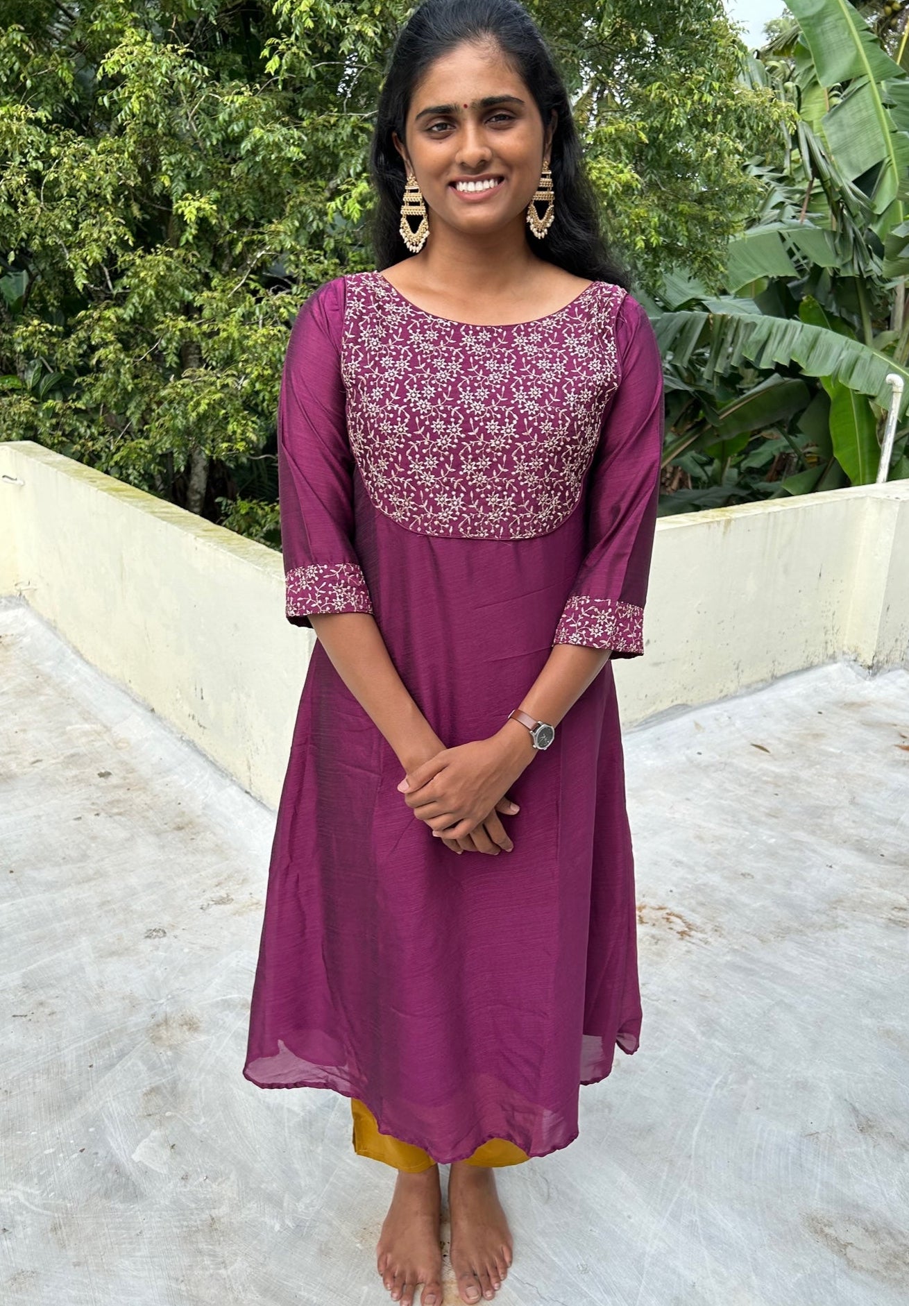Wine embroidered Vichitra silk A-line kurti top(top only)