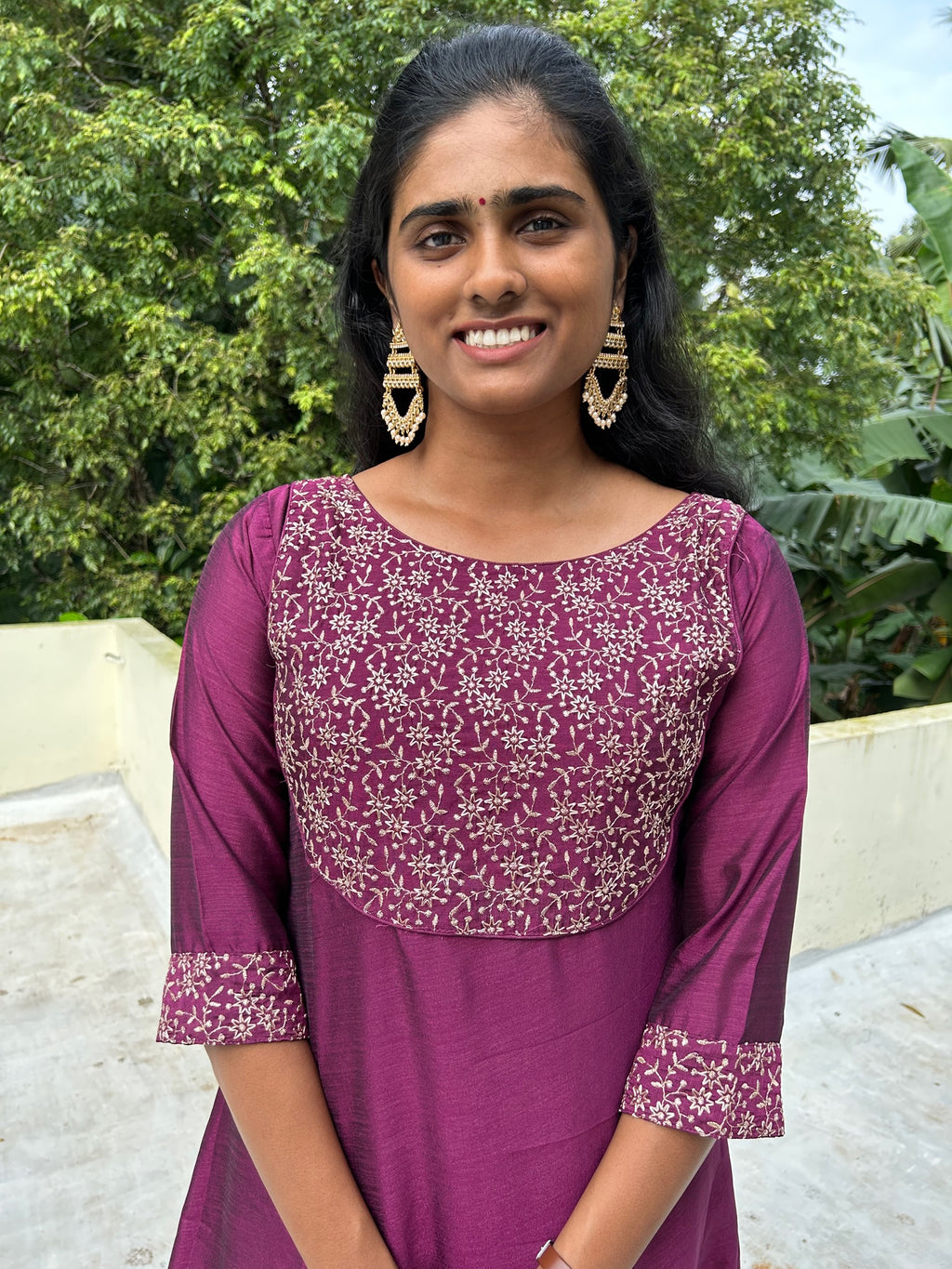 Wine embroidered Vichitra silk A-line kurti top(top only)
