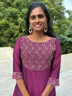 Wine embroidered Vichitra silk A-line kurti top(top only)
