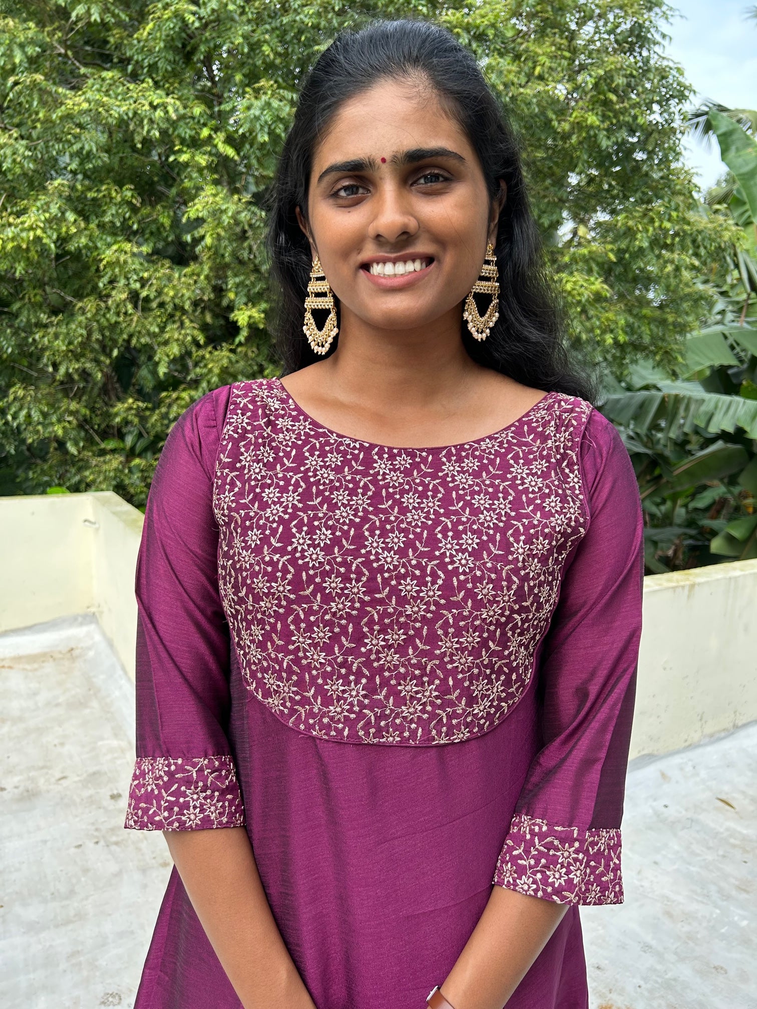 Wine embroidered Vichitra silk A-line kurti top(top only)