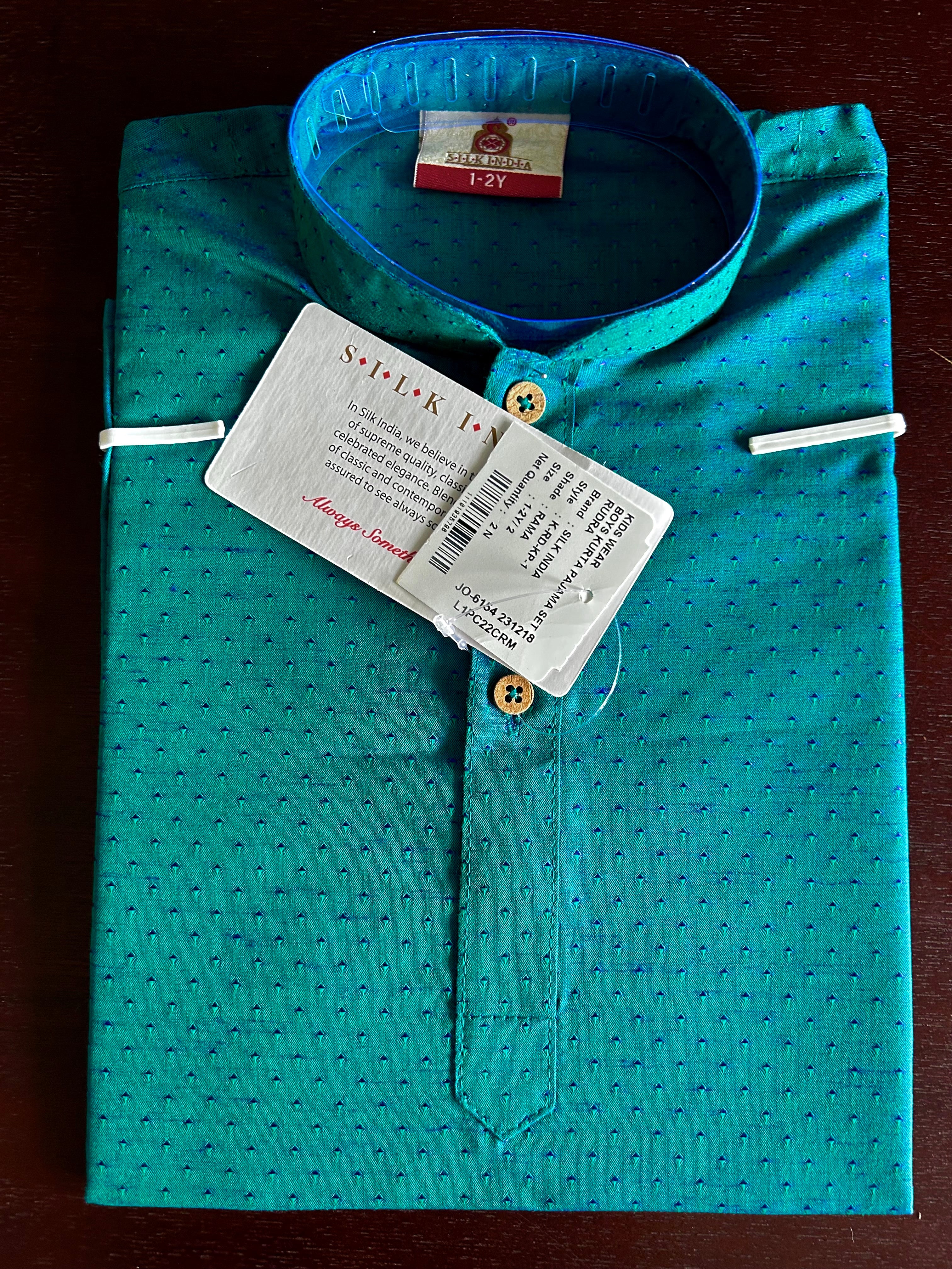 Rama Blue green Cotton Silk Kurta Pajama Set For Boys