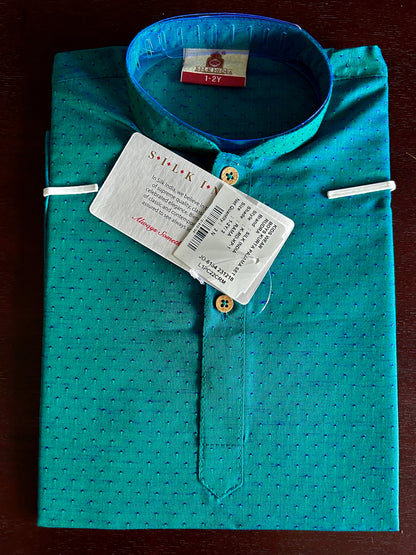 Rama Blue green Cotton Silk Kurta Pajama Set For Boys