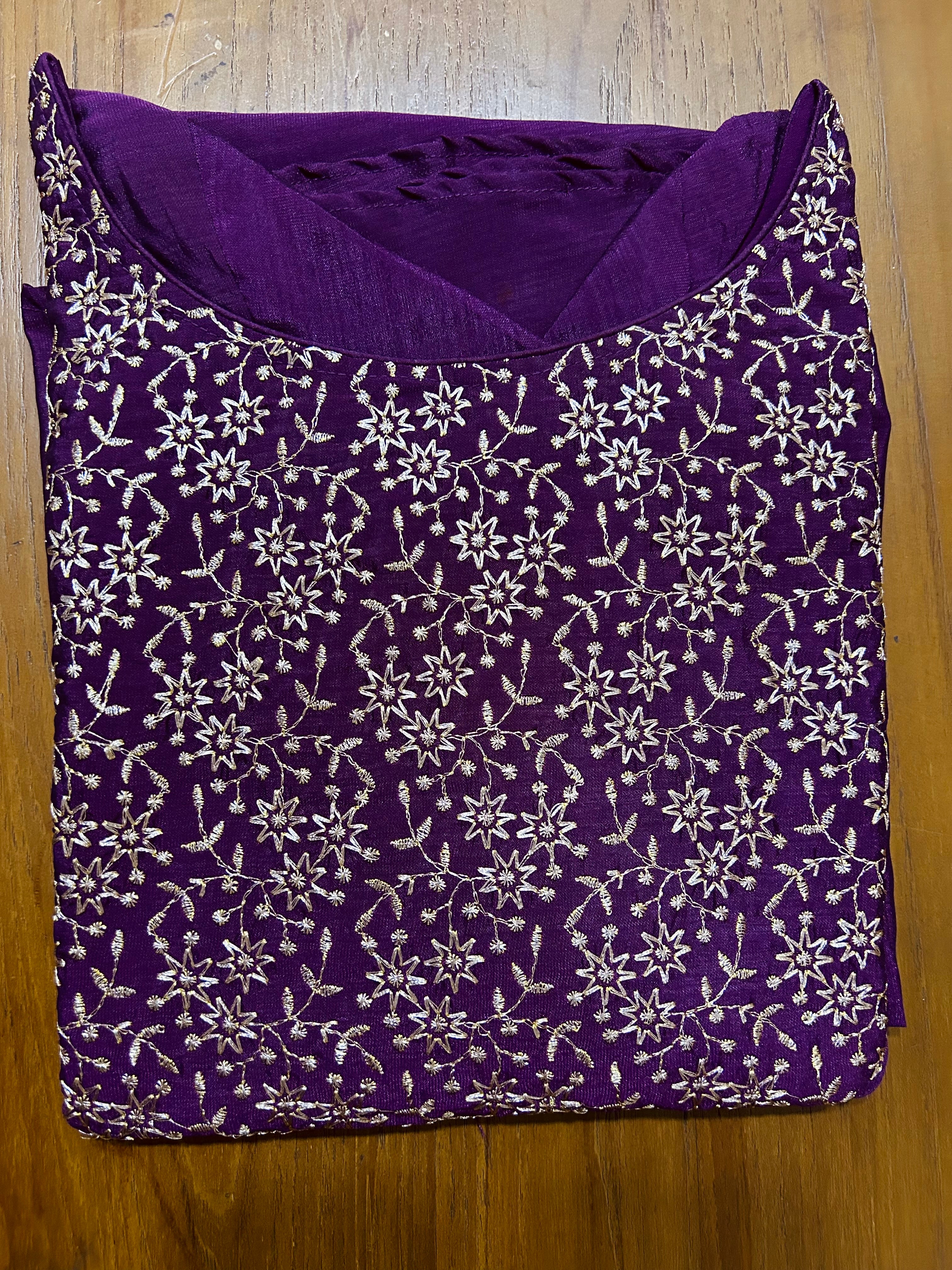 Wine embroidered Vichitra silk A-line kurti top(top only)