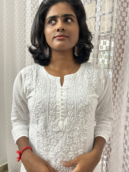 Pure Cotton White Lakhnavi Chikankari Kurti Top ( Top Only)