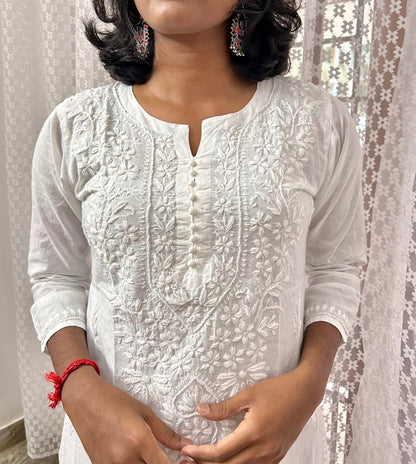 Pure Cotton White Lakhnavi Chikankari Kurti Top ( Top Only)