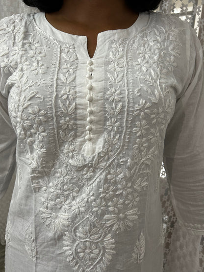 Pure Cotton White Lakhnavi Chikankari Kurti Top ( Top Only)