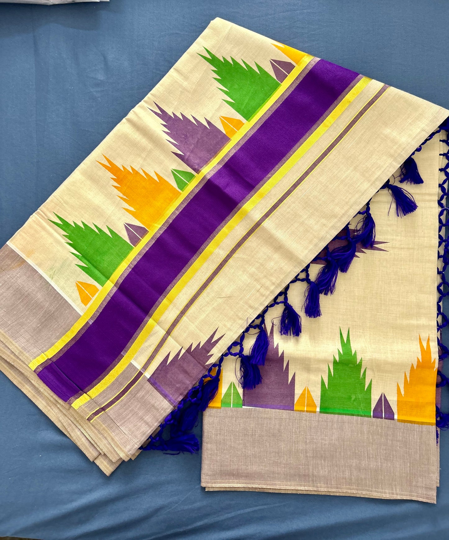 Multi Temple Design Kerala Cotton  Saree