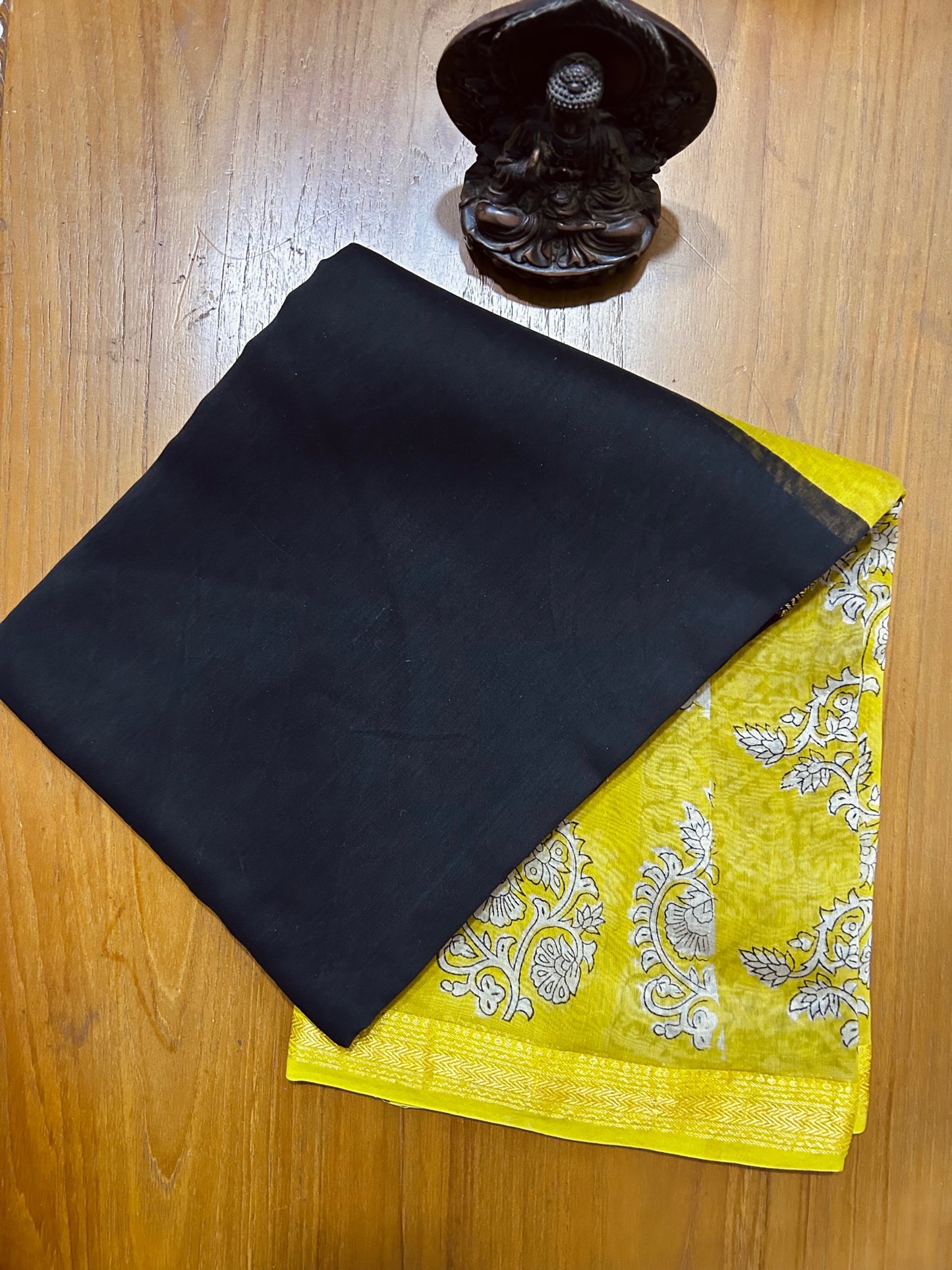 Black & Yellow Hand Block Printed  Pure Maheswari Silk Saree