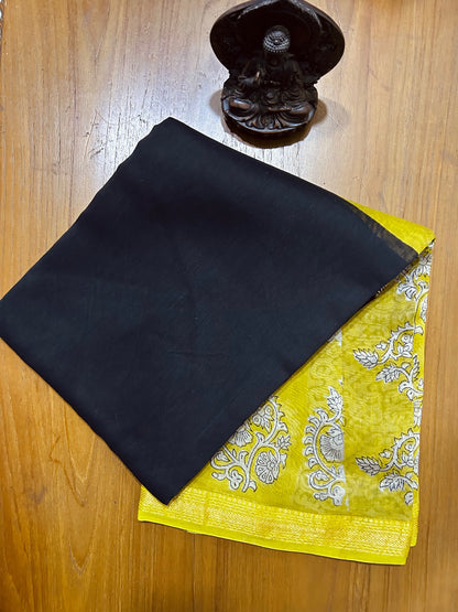 Black & Yellow Hand Block Printed  Pure Maheswari Silk Saree