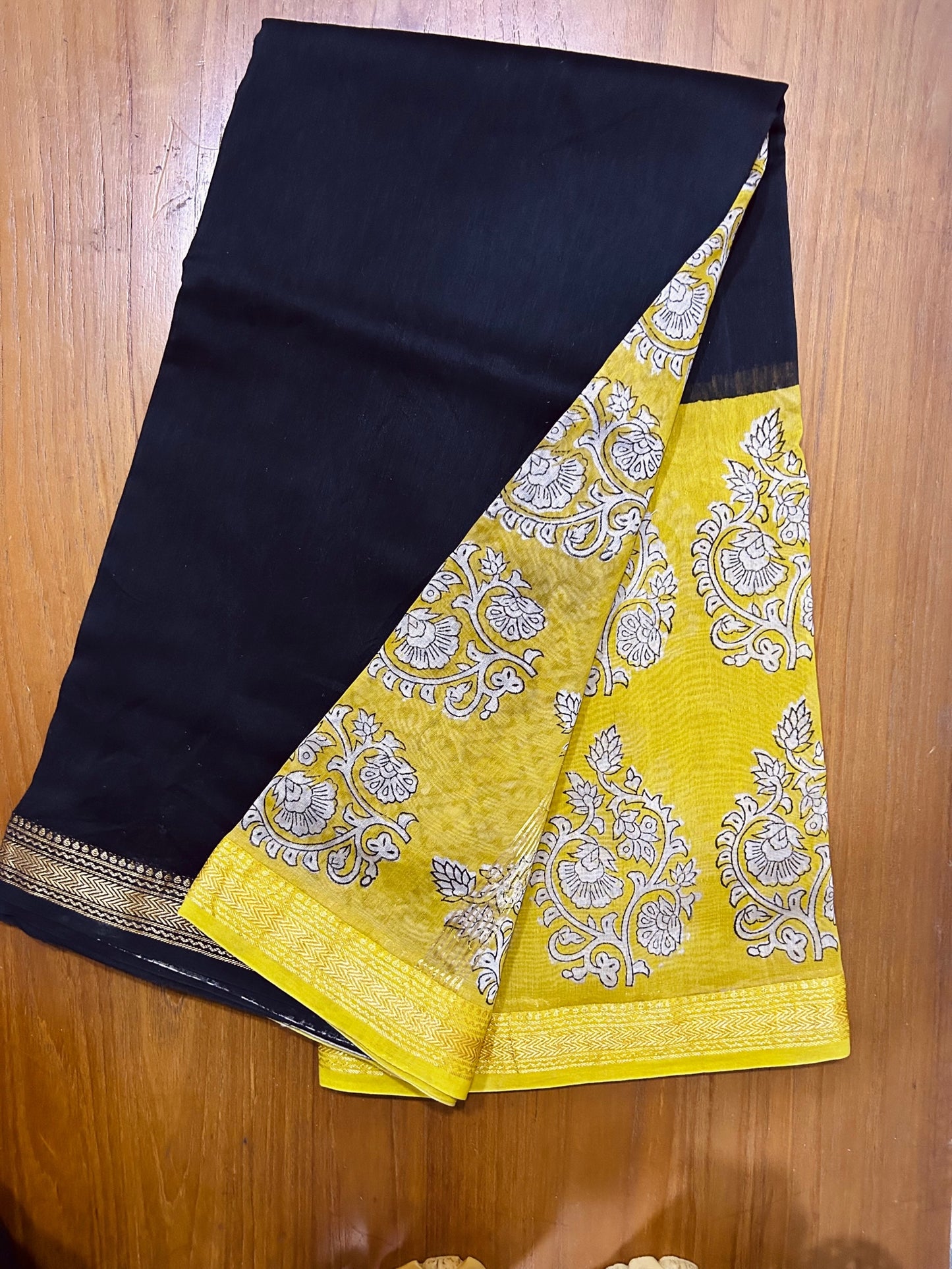 Black & Yellow Hand Block Printed  Pure Maheswari Silk Saree