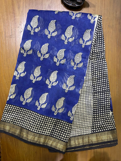 Hand Block (Bagru) Printed  Pure Maheswari Silk Saree
