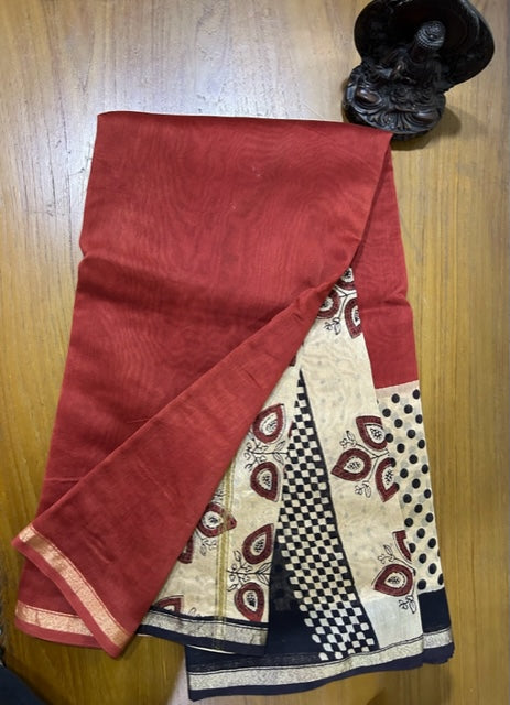 Bagru Printed Maroon Pure Chanderi Silk Saree