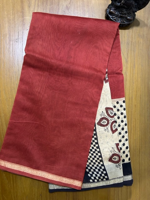 Bagru Printed Maroon Pure Chanderi Silk Saree