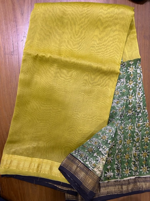 Green & Yellow Hand Block Printed  Pure Maheswari Silk Saree