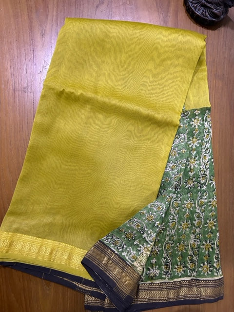 Green & Yellow Hand Block Printed  Pure Maheswari Silk Saree