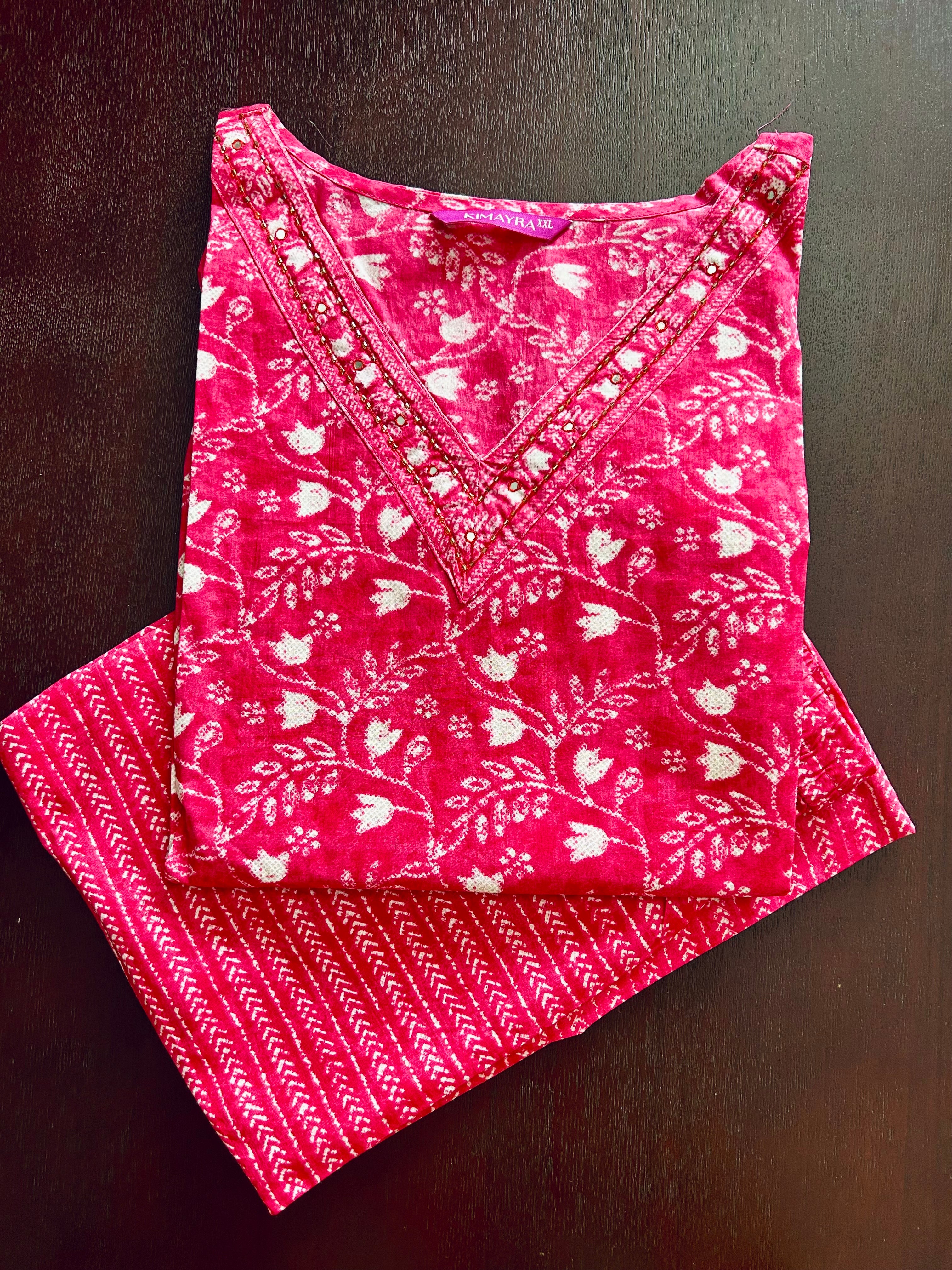 Pink  Printed Cotton Kurti With Pants