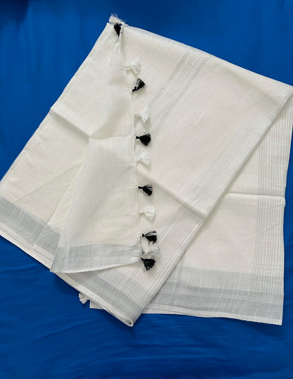 Solid White Linen Saree With Silver Border & Black and white Tassels